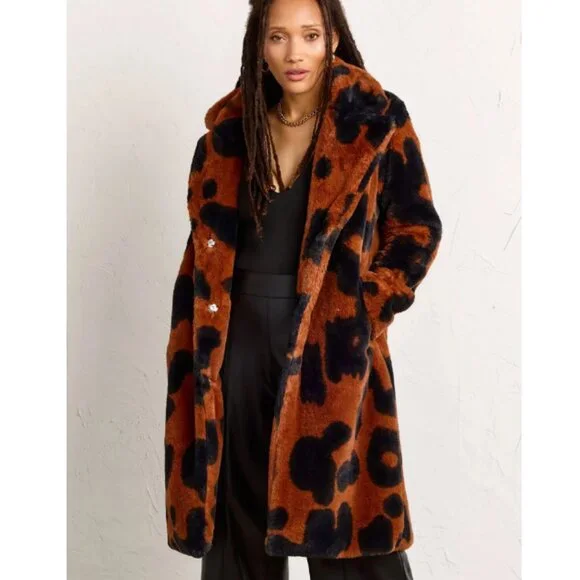 Stoosh Cowhide Print Faux Fur Coat in Brown and Black - Picture 1 of 6